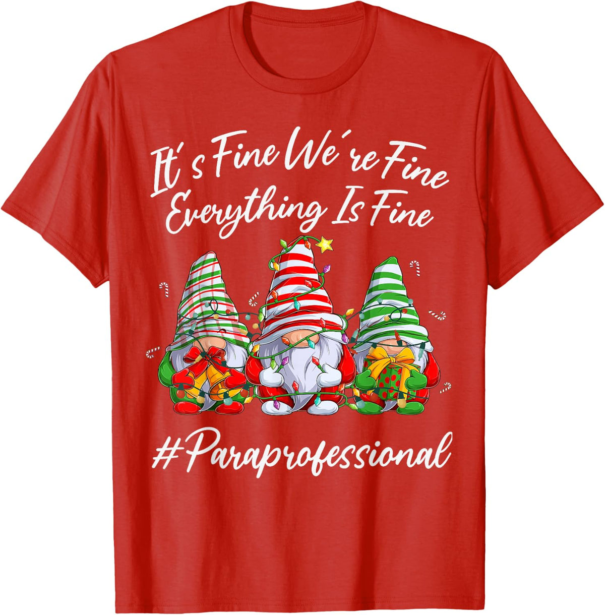 Paraprofessional Funny Everything Is Fine Christmas Gnomie T-Shirt - Red