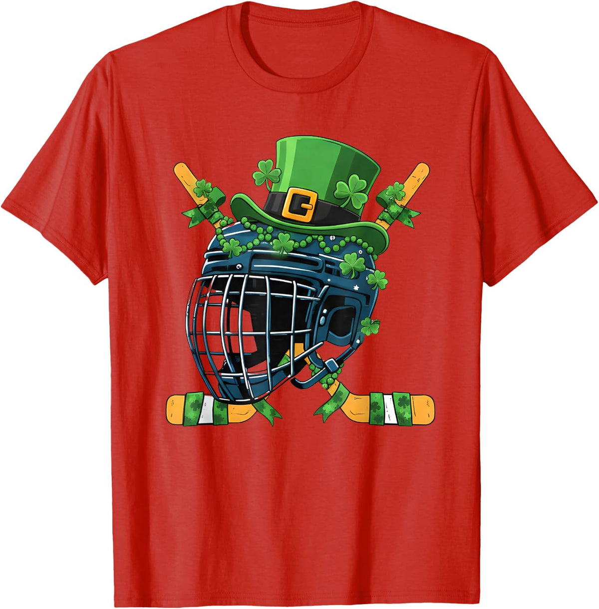 St Patricks Day Ice Hockey Helmet Saint Paddys Boys Men T-Shirt - Red