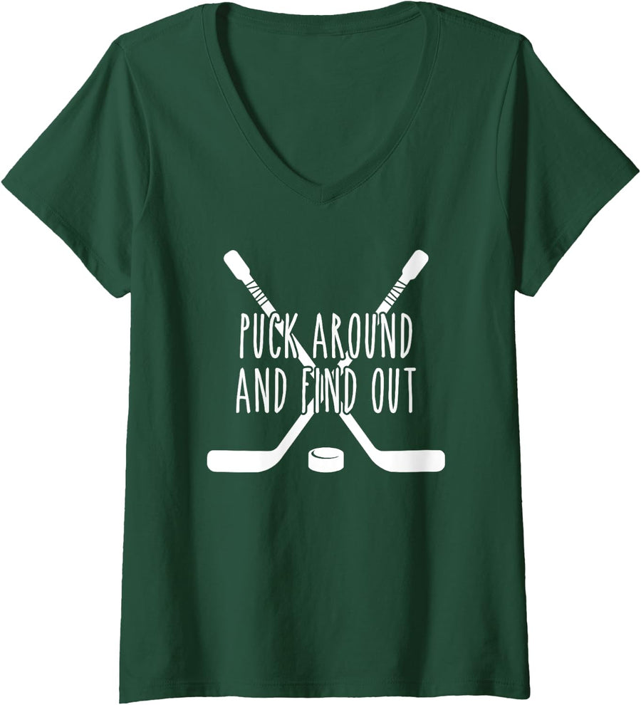 Womens Puck Around and Find Out White V-Neck T-Shirt - Dark Green