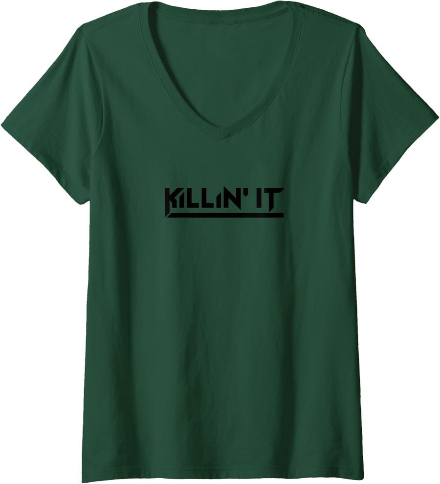 Women's Killin' IT Gym Fitness Workout Weightlifting Motivation F531 V-Neck T-Shirt - Dark Green