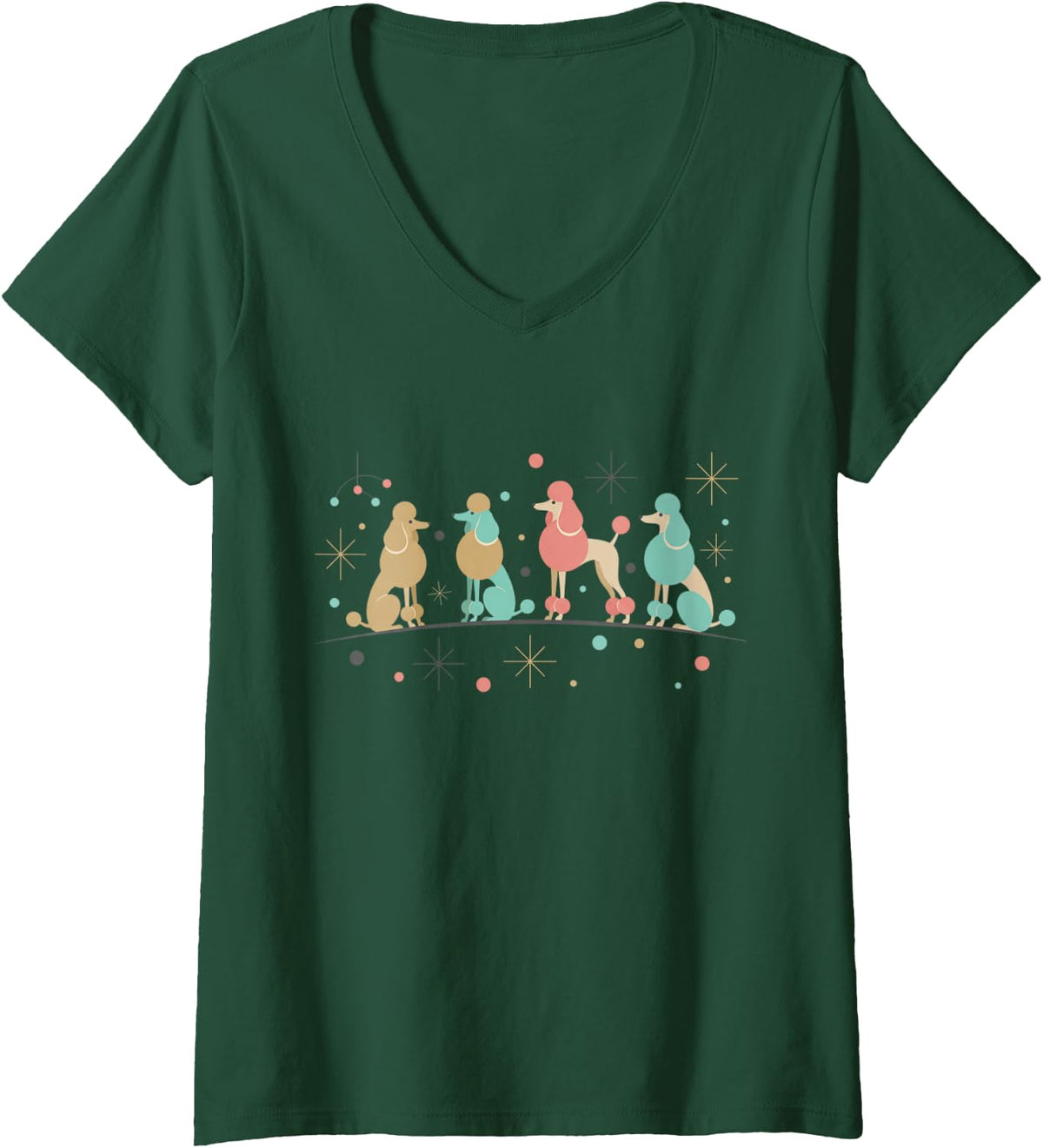 Women's Mid Century Modern Dog Poodle Retro Atomic V-Neck T-Shirt - Dark Green