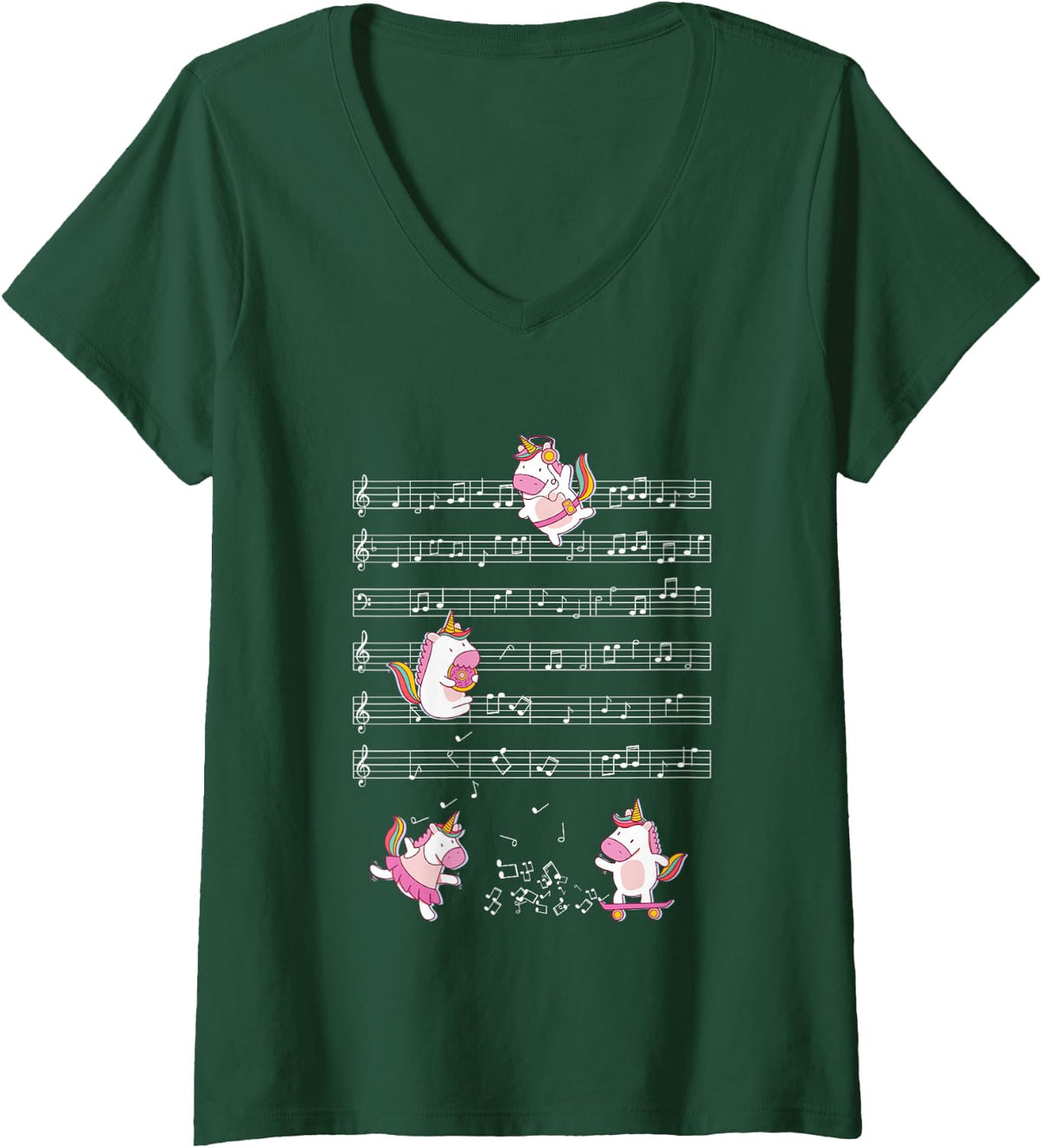 Women's Cute Unicorns Playing Music Note Clef Musician Art V-Neck T-Shirt - Dark Green