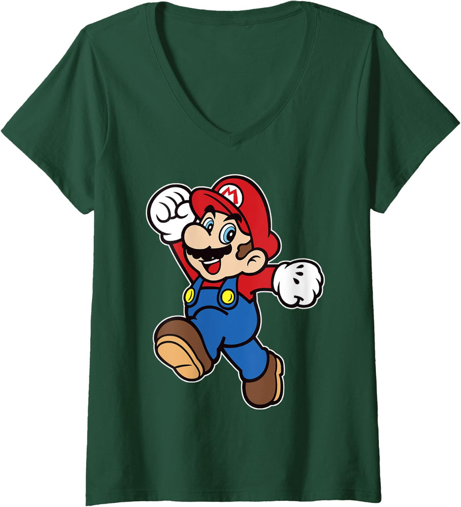 Womens Super Mario Classic Jump Portrait V-Neck T-Shirt - Dark Green