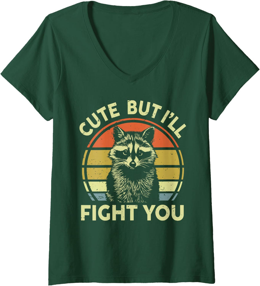 Women's Feral Raccoon Cute But I Fight You Trash Panda Funny Raccoon V-Neck T-Shirt - Dark Green