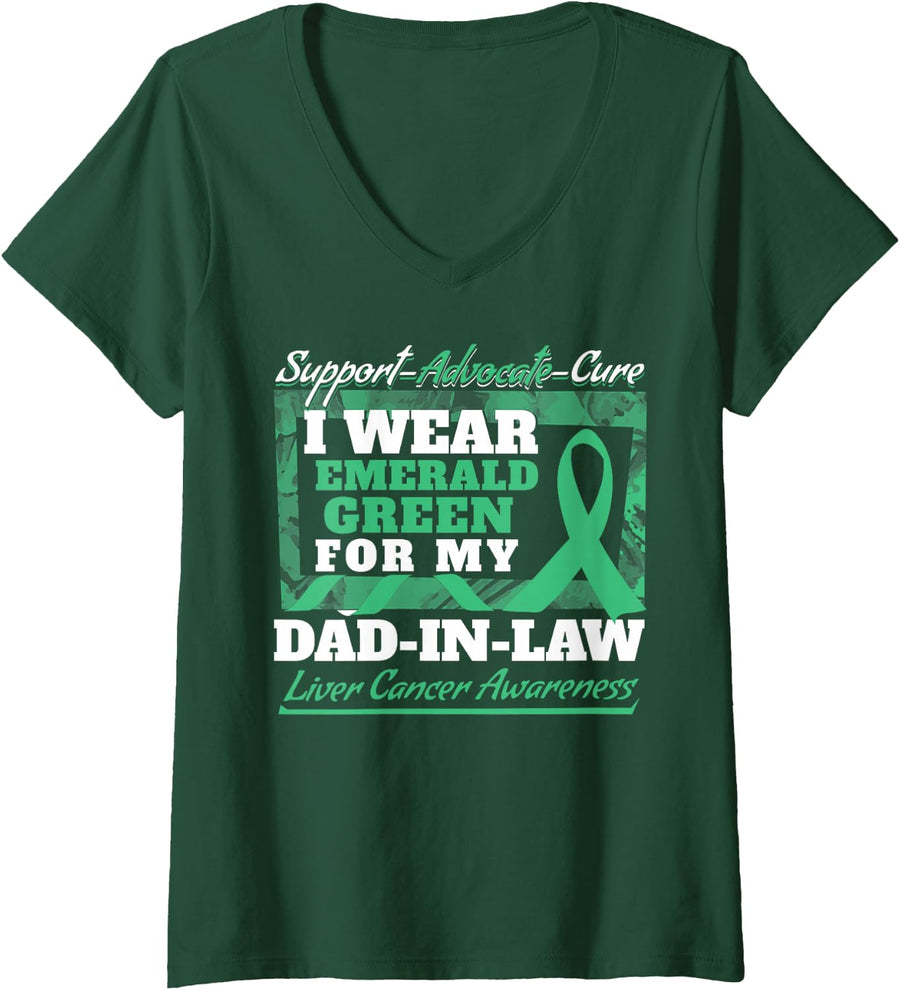 Women's I Wear Emerald Green for Dad-in-Law Liver Cancer Awareness V-Neck T-Shirt - Dark Green