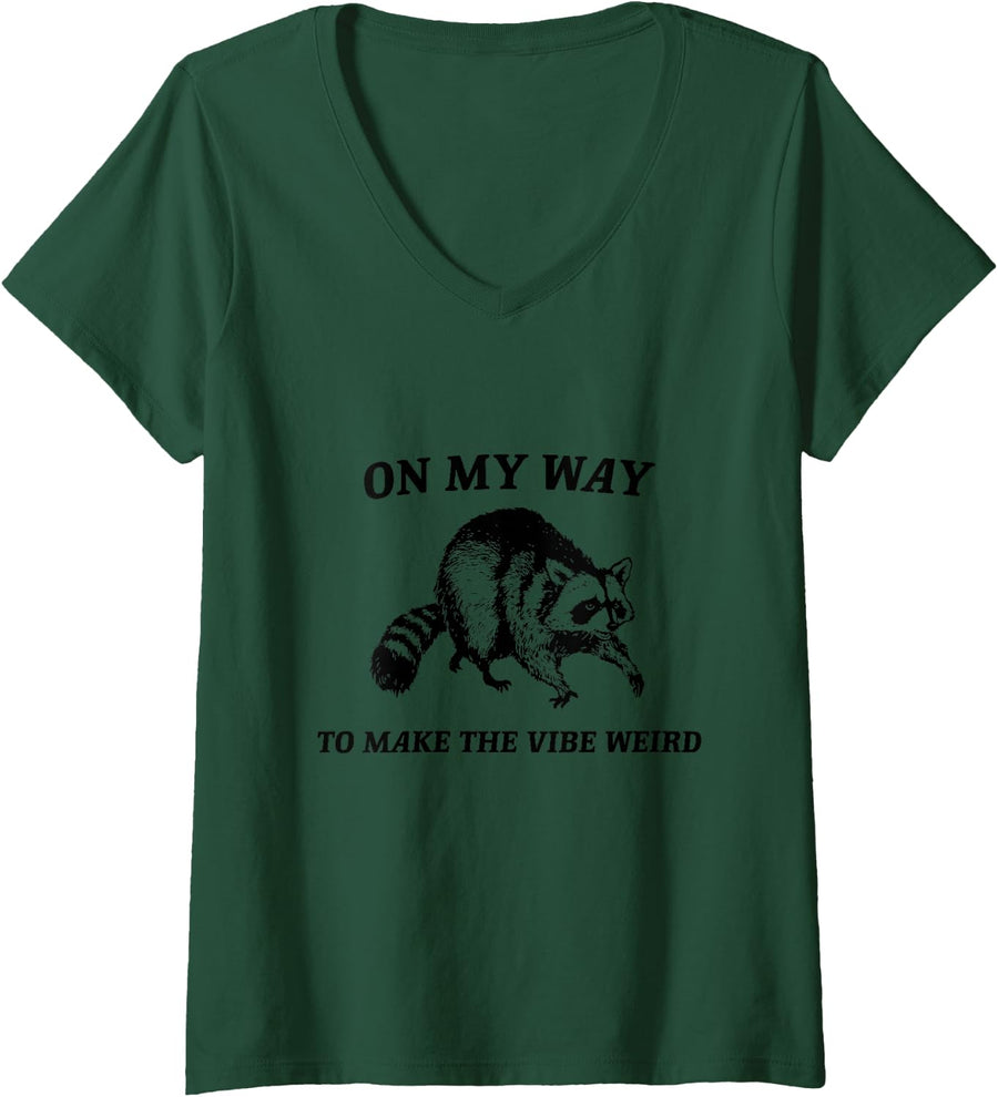 Women's On My Way to Make The Vibe Weird Vintage Funny Raccoon V-Neck T-Shirt - Dark Green