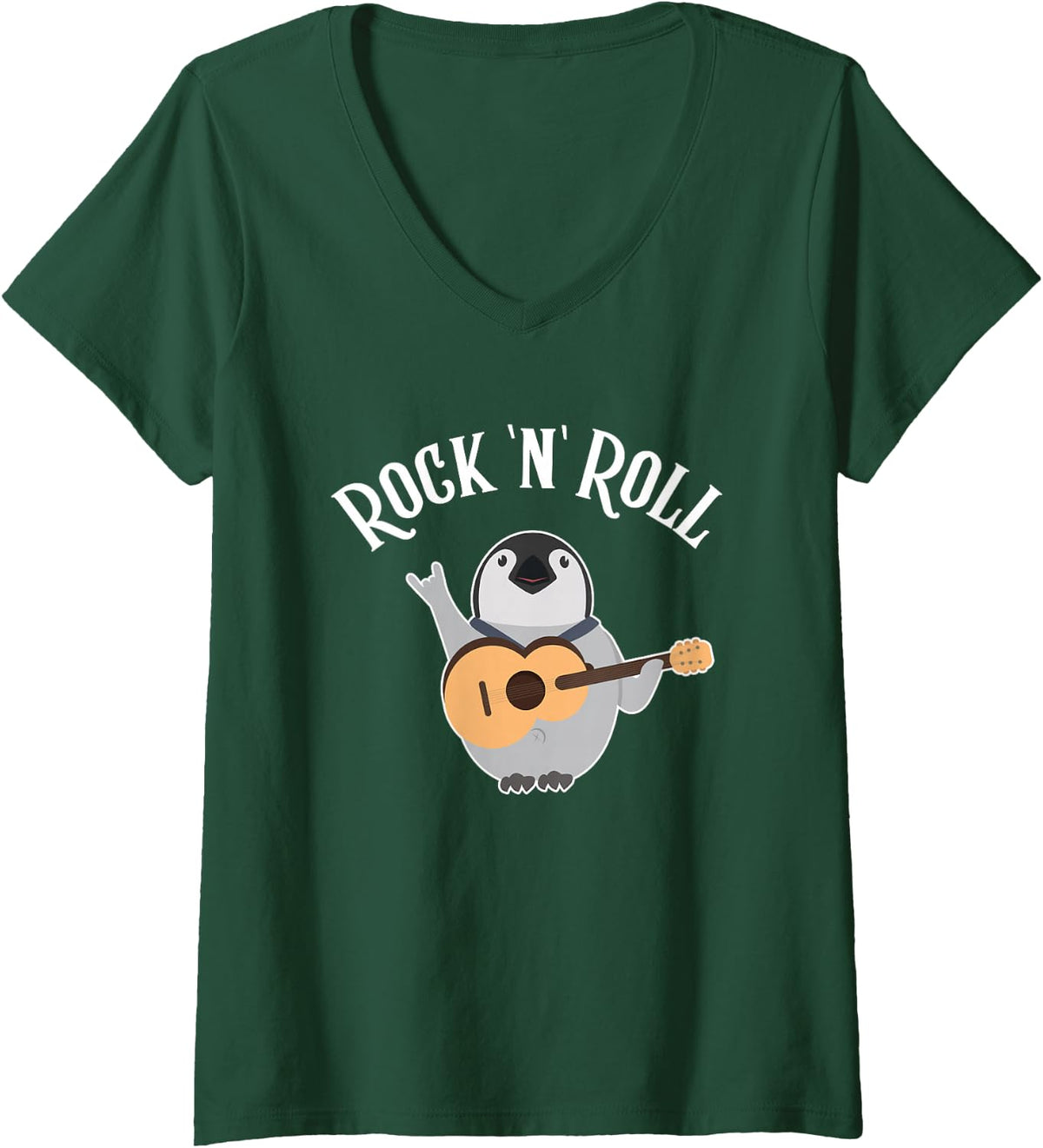 Women's Rock N' Roll King Emperor Sea Bird Penguin Lover Penguin V-Neck T-Shirt - Dark Green