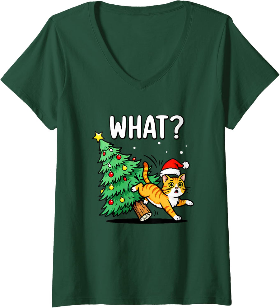 Women's What? Orange Cat Behavior Funny Ginger Cat Dad Christmas V-Neck T-Shirt - Dark Green