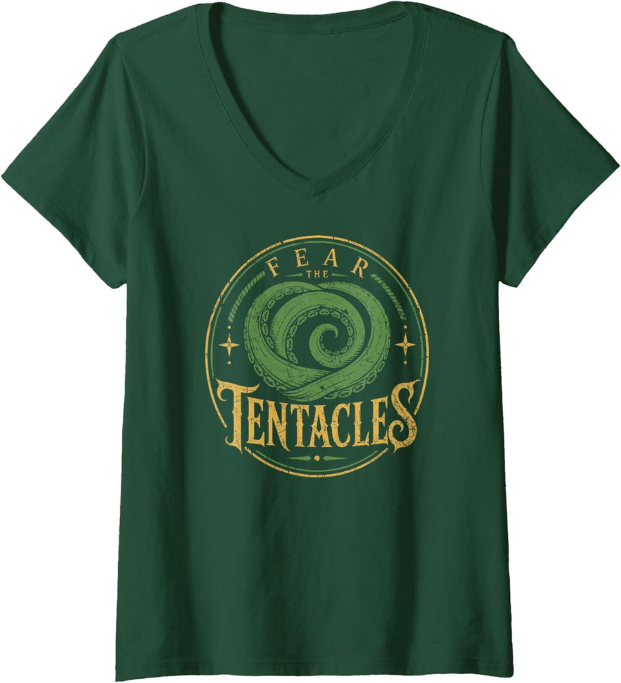 Women's Fear the Tentacles Kraken Sea Monster Octopus V-Neck T-Shirt - Dark Green