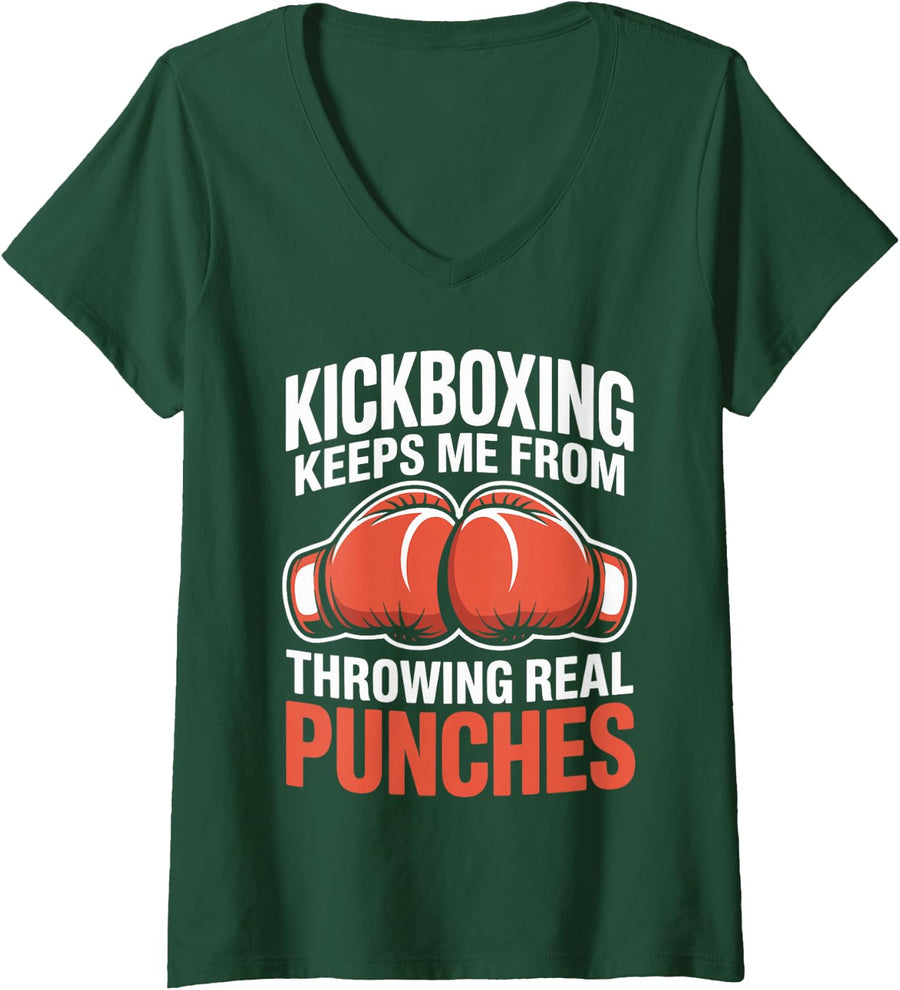 Women's Kickboxing Keeps Me from Throwing Real Punches Kickboxer V-Neck T-Shirt - Dark Green