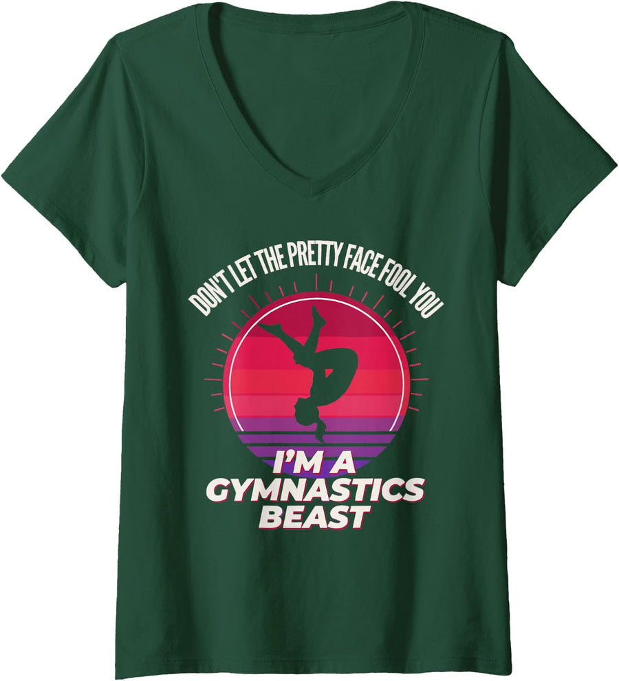 Women's Don't Let The Pretty Face Fool You Gymnastics Gymnast V-Neck T-Shirt - Dark Green