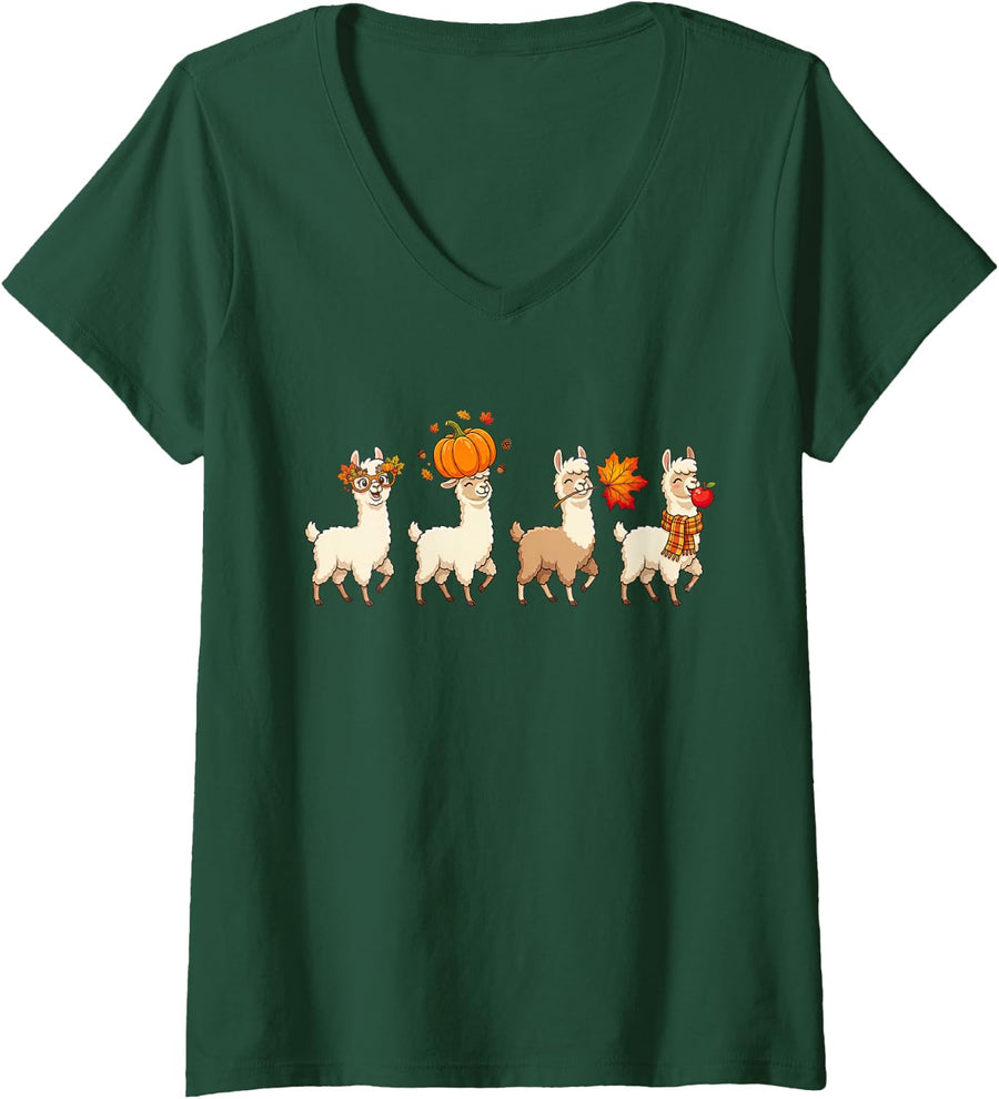 Women's Autumn Pumpkin Fall Llama Thanksgiving Womens Mens Kids V-Neck T-Shirt - Dark Green