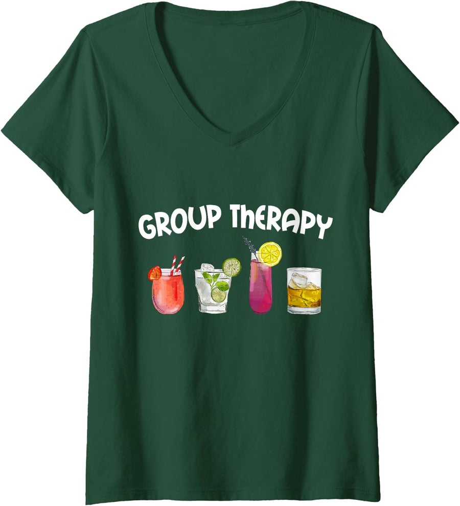 Womens Group Therapy Funny Drinking Cocktail V-Neck T-Shirt - Dark Green