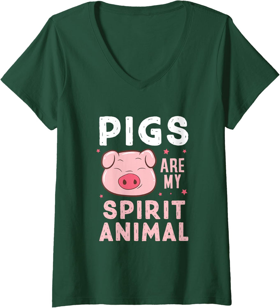 Womens Pigs Are My Spirit Animal Pig Lovers Farmer V-Neck T-Shirt - Dark Green
