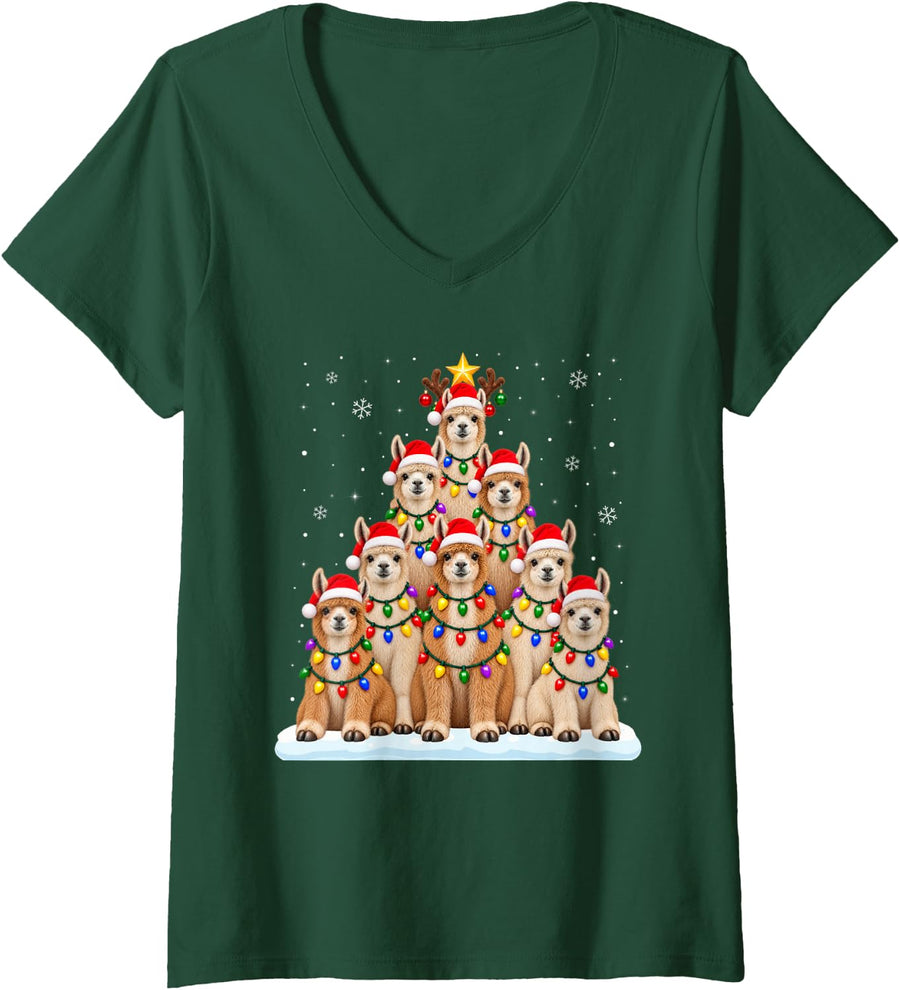 Women's Llama Christmas Tree Lights Pajama Animal Lover Xmas V-Neck T-Shirt - Dark Green