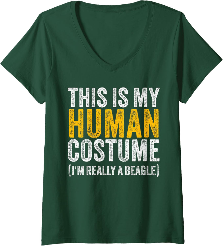 Women's Beagle Dog - Funny Easy Lazy Quick Halloween Costume V-Neck T-Shirt - Dark Green