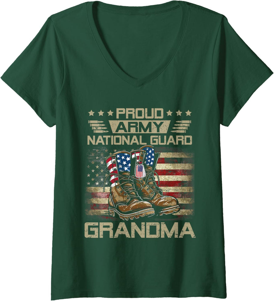 Womens Proud National Guard Grandma Flag US Family Matching V-Neck T-Shirt - Dark Green