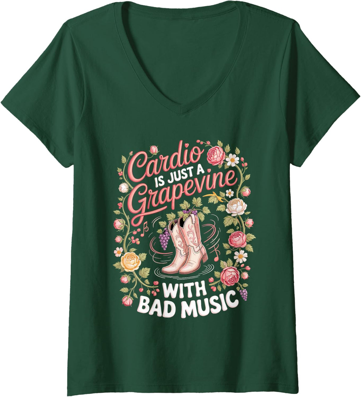 Women's Cardio is Just A Grapevine with Bad Music Line Dancing V-Neck T-Shirt - Dark Green