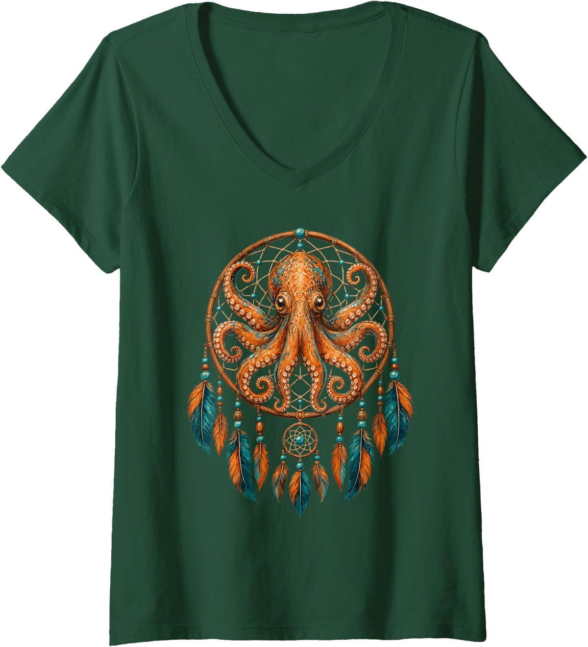 Women's Dreamcatcher Feather Art - Octopus V-Neck T-Shirt - Dark Green