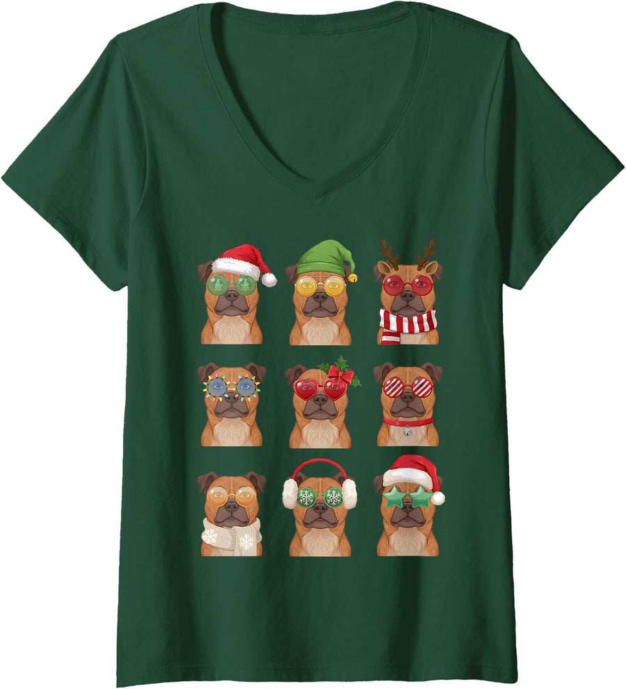 Women's American Staffordshire Terrier Funny Christmas Pajama V-Neck T-Shirt - Dark Green