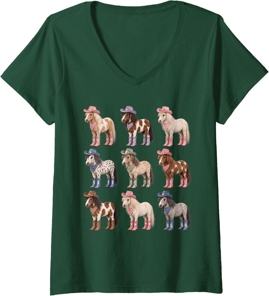 Women's Cute Cowgirl Pony Horses Ranch Themed Birthday V-Neck T-Shirt - Dark Green