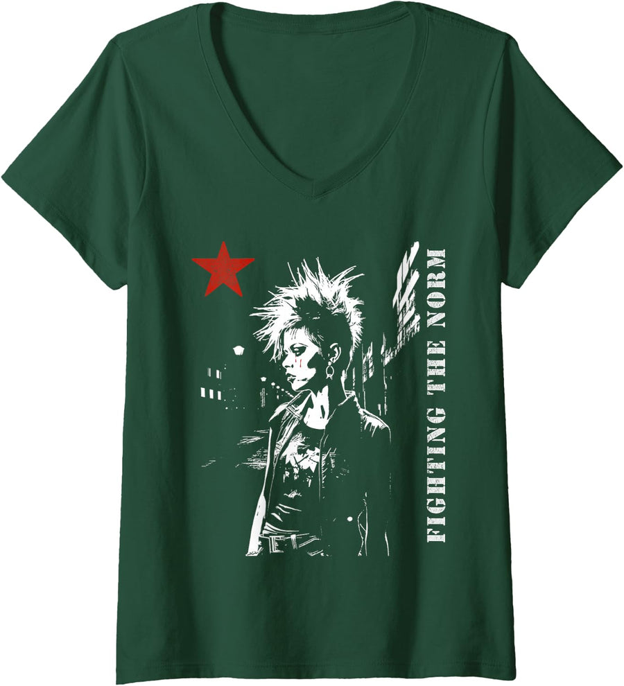Women's Punk Girl Grunge and Red Color Star 90s Distressed Vintage V-Neck T-Shirt - Dark Green