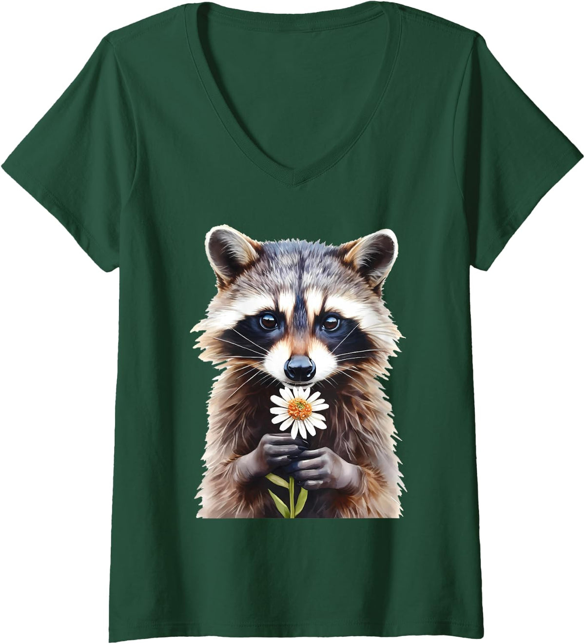 Women's Cute Raccoon Holding Daisy Flower Trash Panda Gardener Lover V-Neck T-Shirt - Dark Green