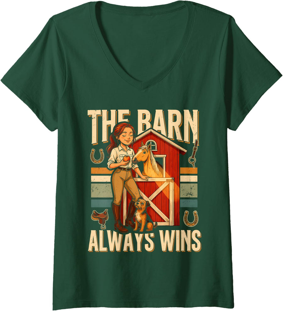 Women's Country Equestrian Horse The Barn Always Wins V-Neck T-Shirt - Dark Green