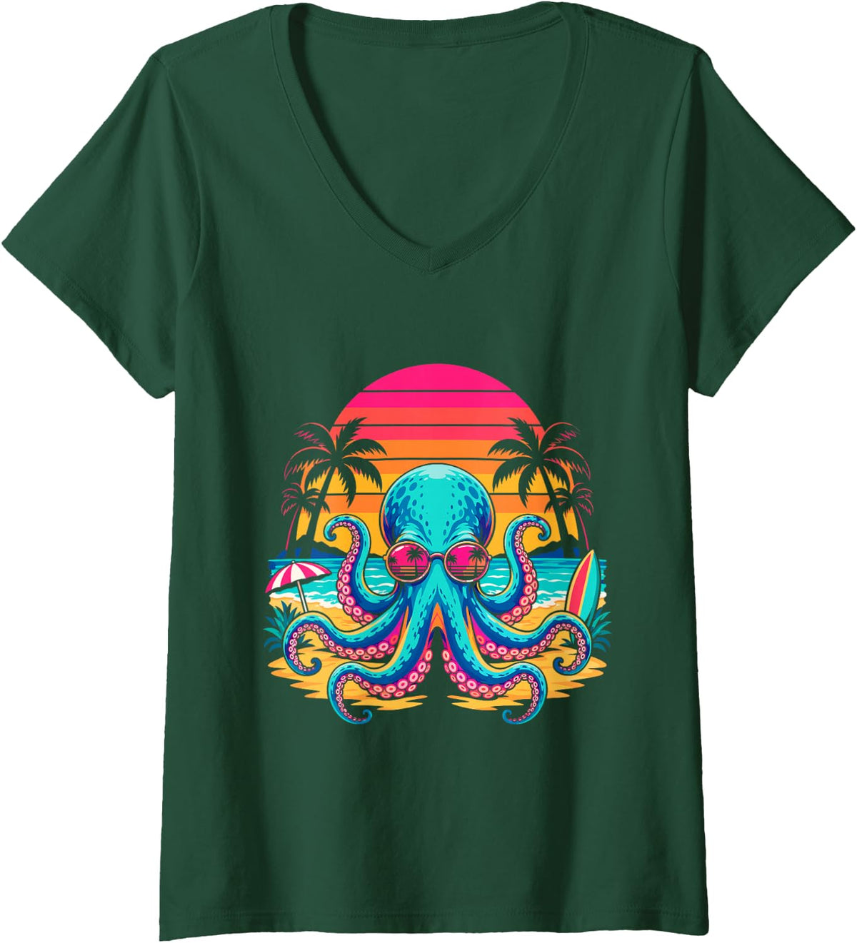 Women's Synthwave Beach Sunglasses - Octopus V-Neck T-Shirt - Dark Green