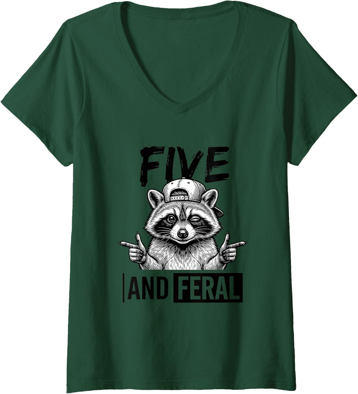 Women's Five and Feral Raccoon 5TH Birthday 5 Year Old Kids V-Neck T-Shirt - Dark Green