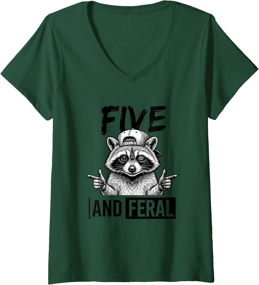Women's Five and Feral Raccoon 5TH Birthday 5 Year Old Kids V-Neck T-Shirt - Dark Green