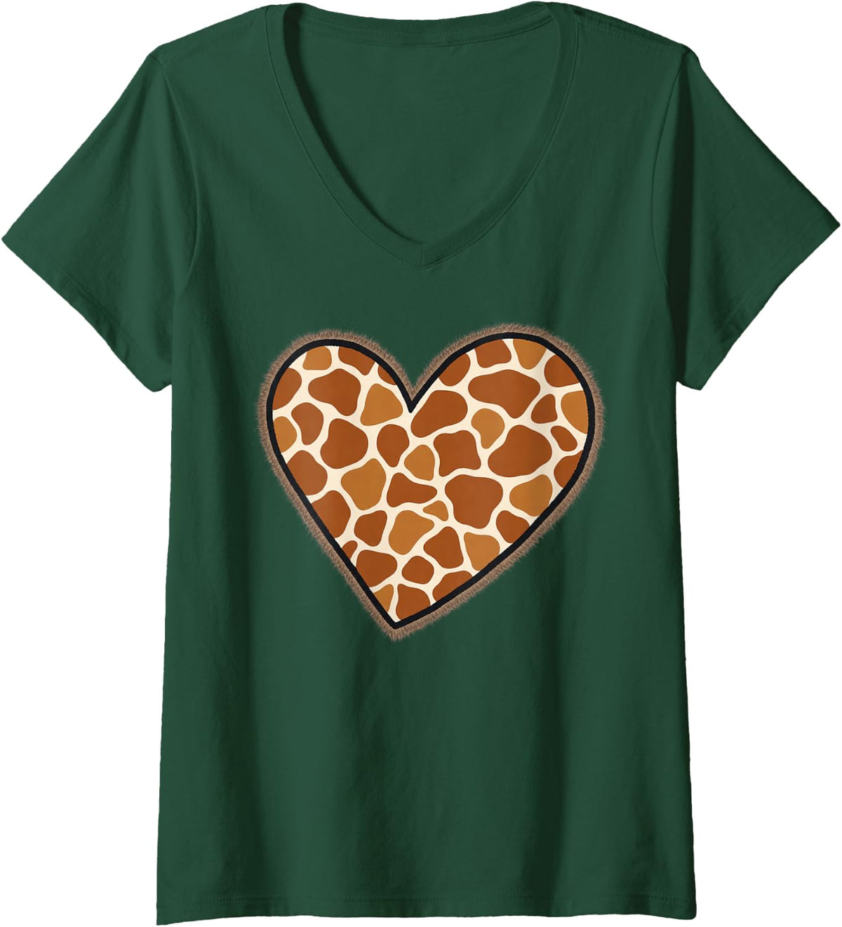 Women's Giraffe Print Heart Animal Art V-Neck T-Shirt - Dark Green