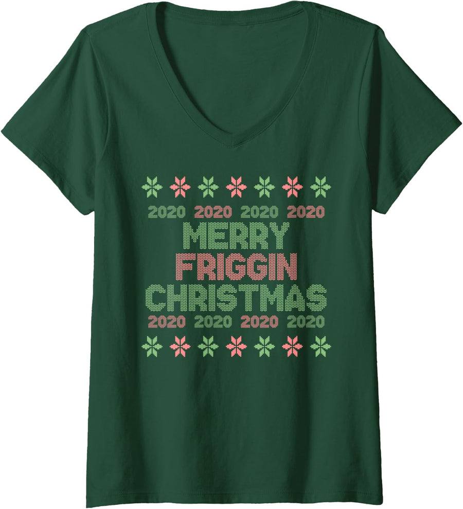 Women's Merry Christmas 2020 Ugly Sweater Funny Friggin Curse Word V-Neck T-Shirt - Dark Green