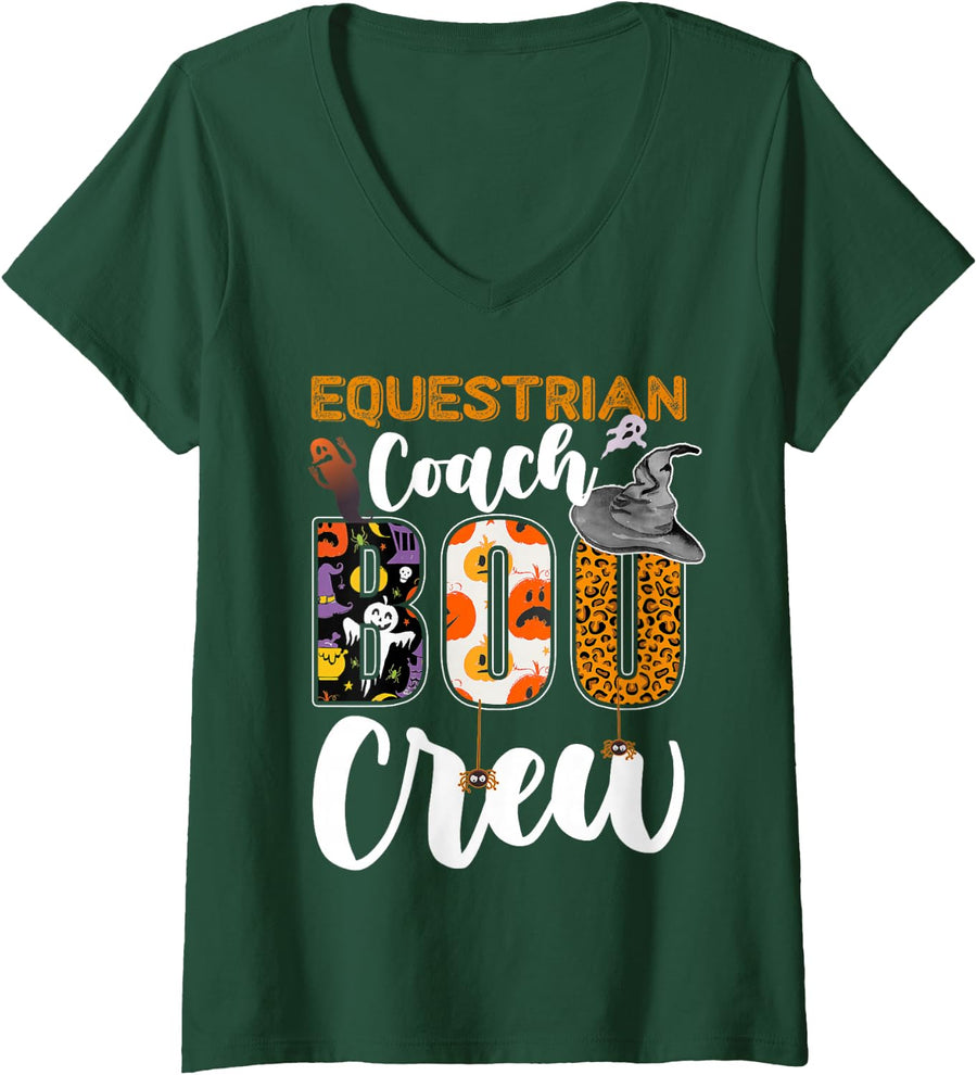 Women's Equestrian Coach Boo Crew Halloween Costume Matching V-Neck T-Shirt - Dark Green
