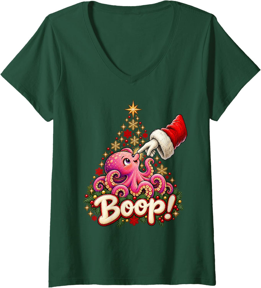 Women's Boop! Adorable Octopus Christmas Nose Boop V-Neck T-Shirt - Dark Green