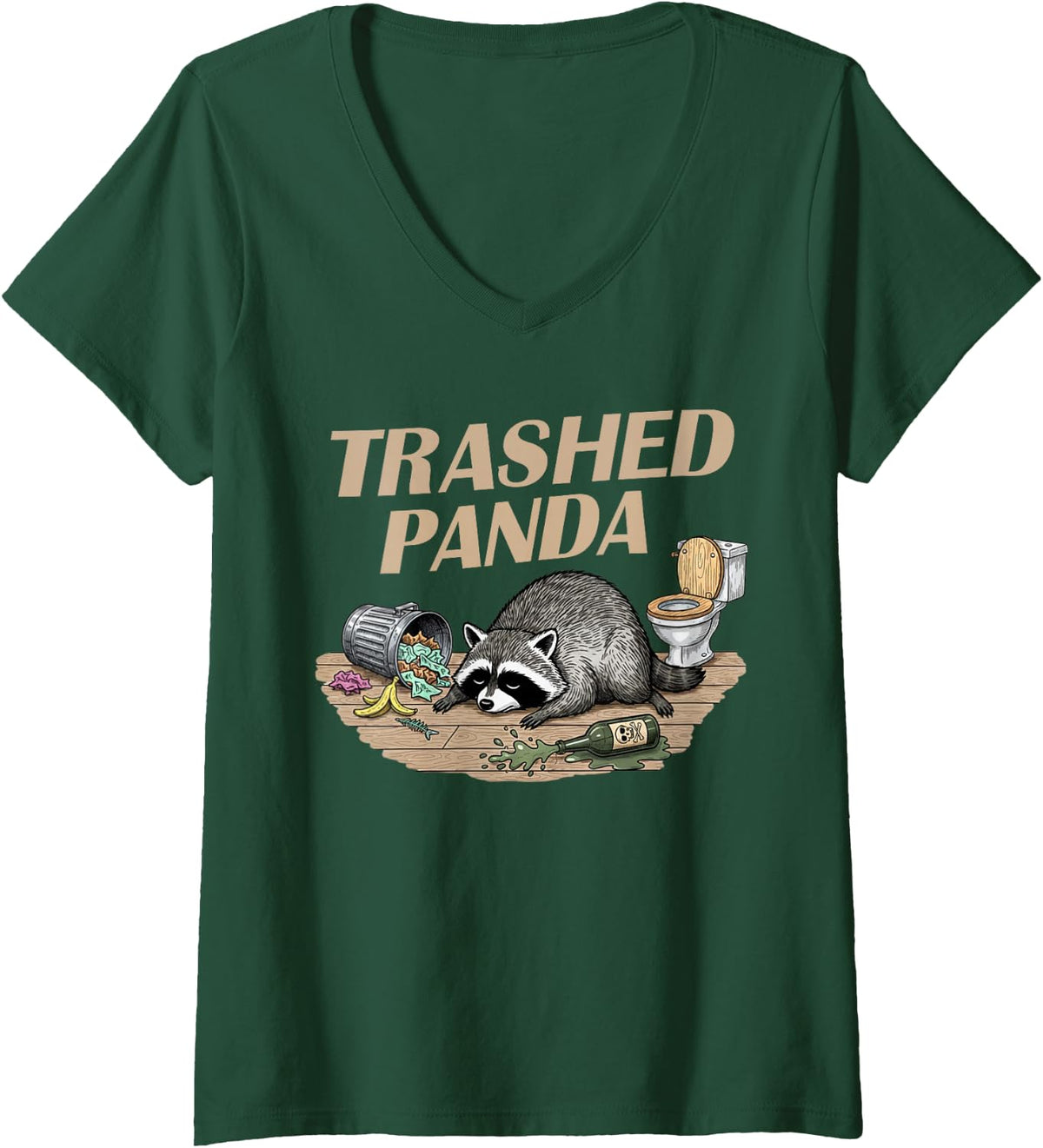 Women's Funny Trashed Panda Racoon Gets Drunk Racoon Meme V-Neck T-Shirt - Dark Green