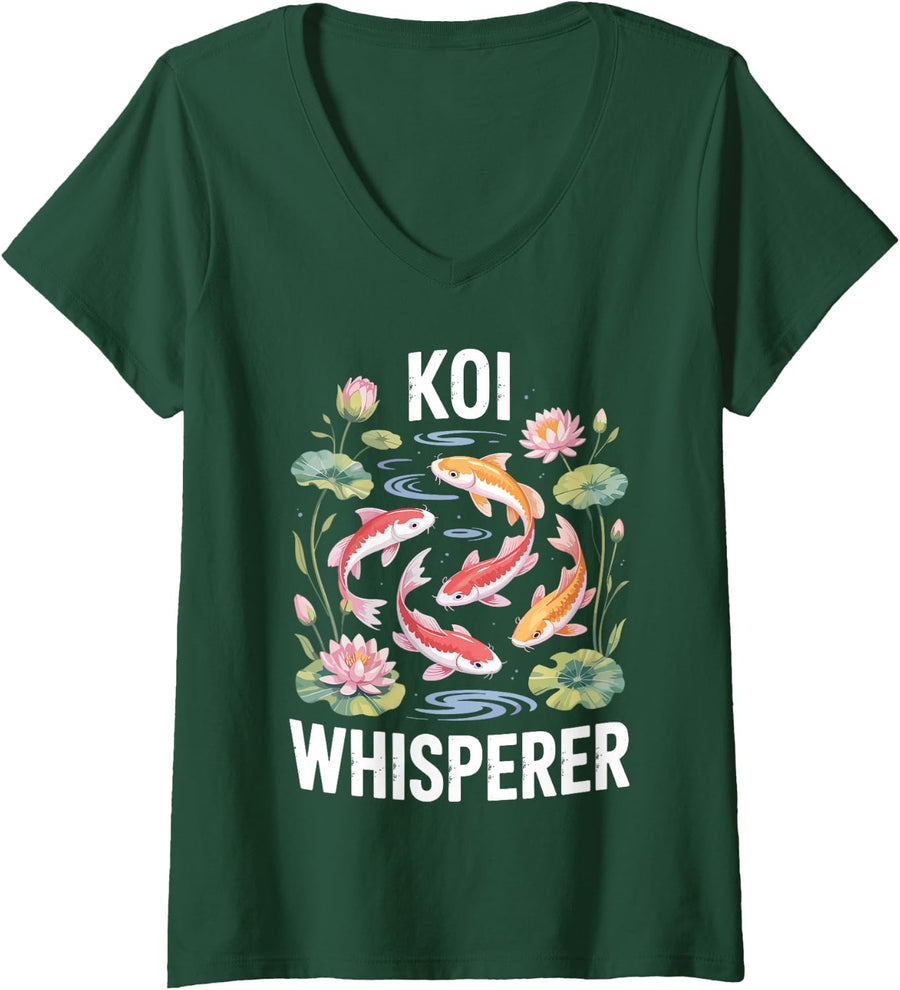 Women's Koi Fish Art for Men Women Pond Owner Koi Fish Lover V-Neck T-Shirt - Dark Green