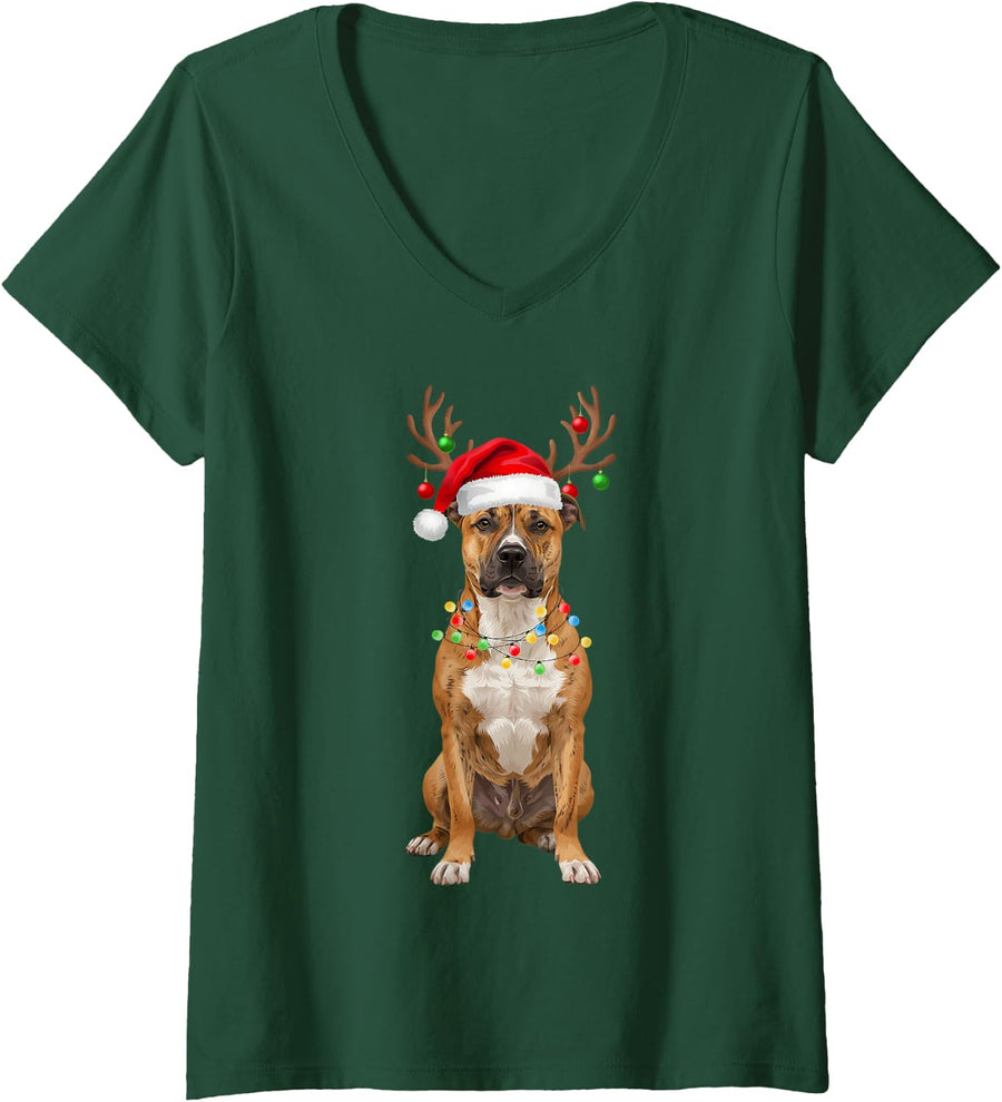 Women's American Staffordshire Terrier Reindeer Antlers Santa Hat V-Neck T-Shirt - Dark Green