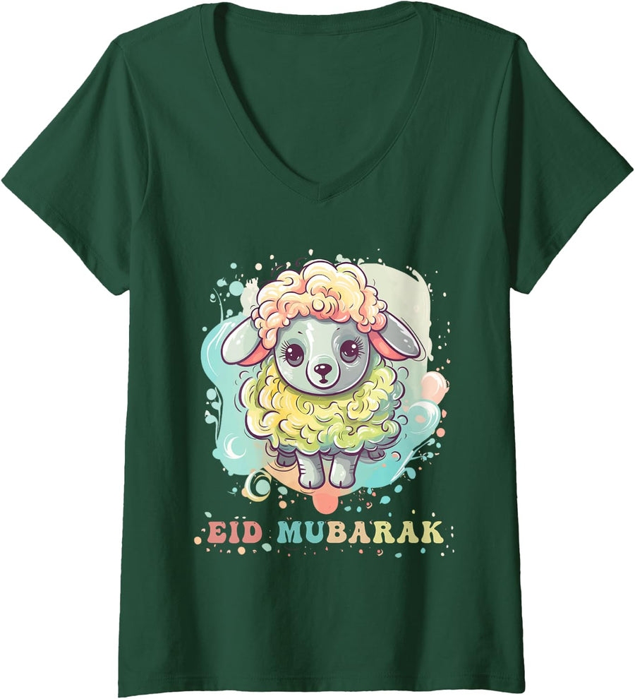 Women's Eid Mubarak Colorful Funny Sheep V-Neck T-Shirt - Dark Green