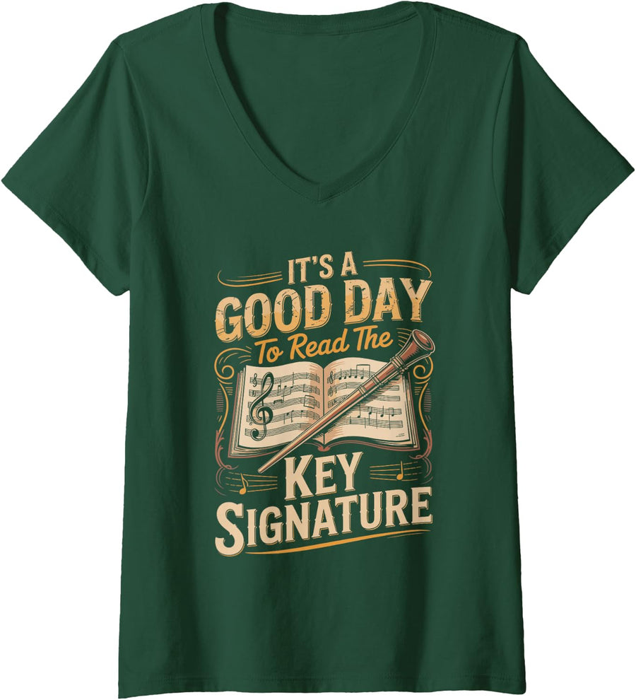 Women's It's a Good Day to Read the Key Signature Conductor Choir V-Neck T-Shirt - Dark Green
