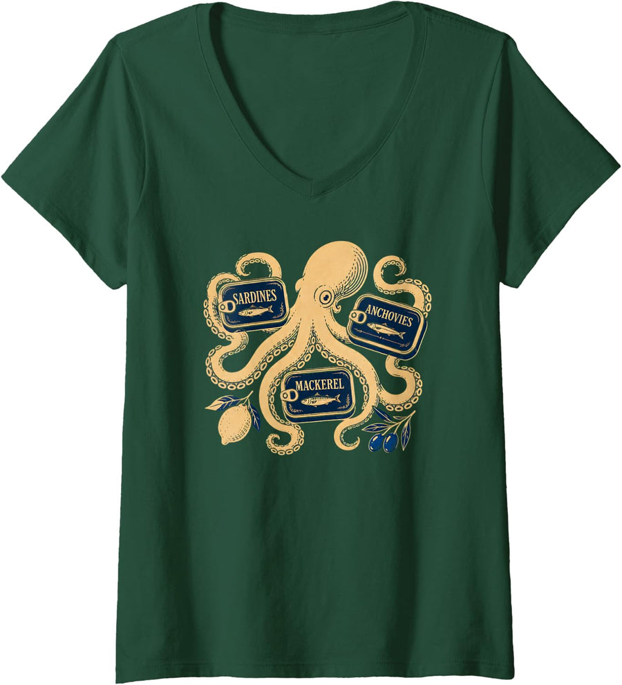 Women's Retro Octopus Sardines Tinned Fish Anchovy Mediterranean V-Neck T-Shirt - Dark Green