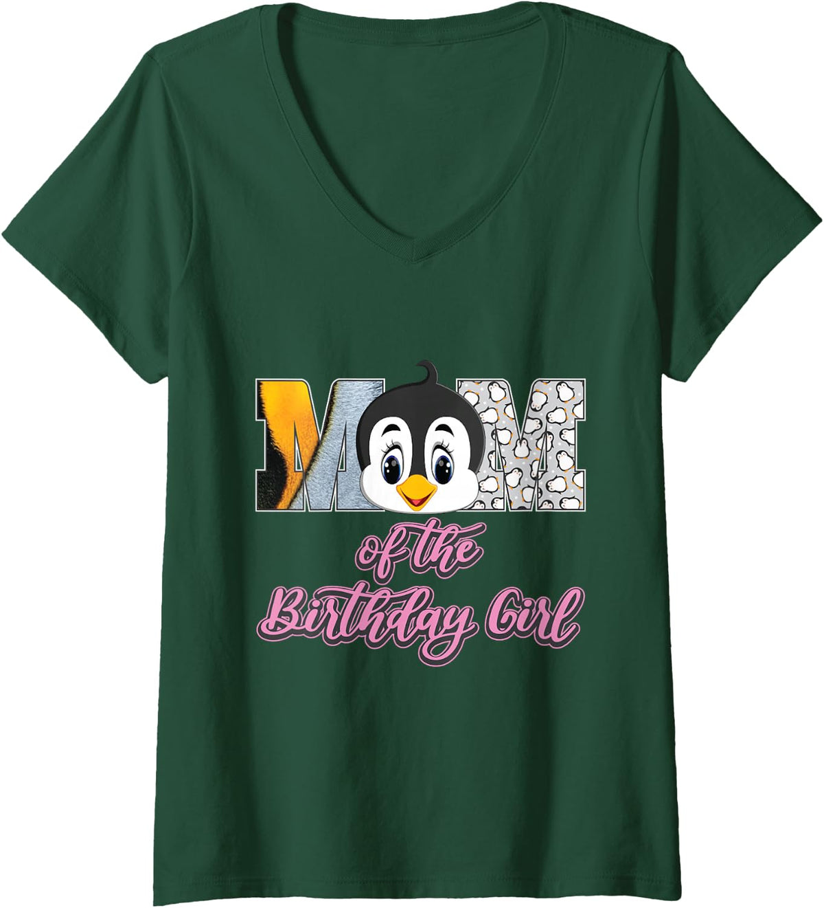 Women's Funny Mom of the Birthday for Girl Penguin Lover Mommy V-Neck T-Shirt - Dark Green