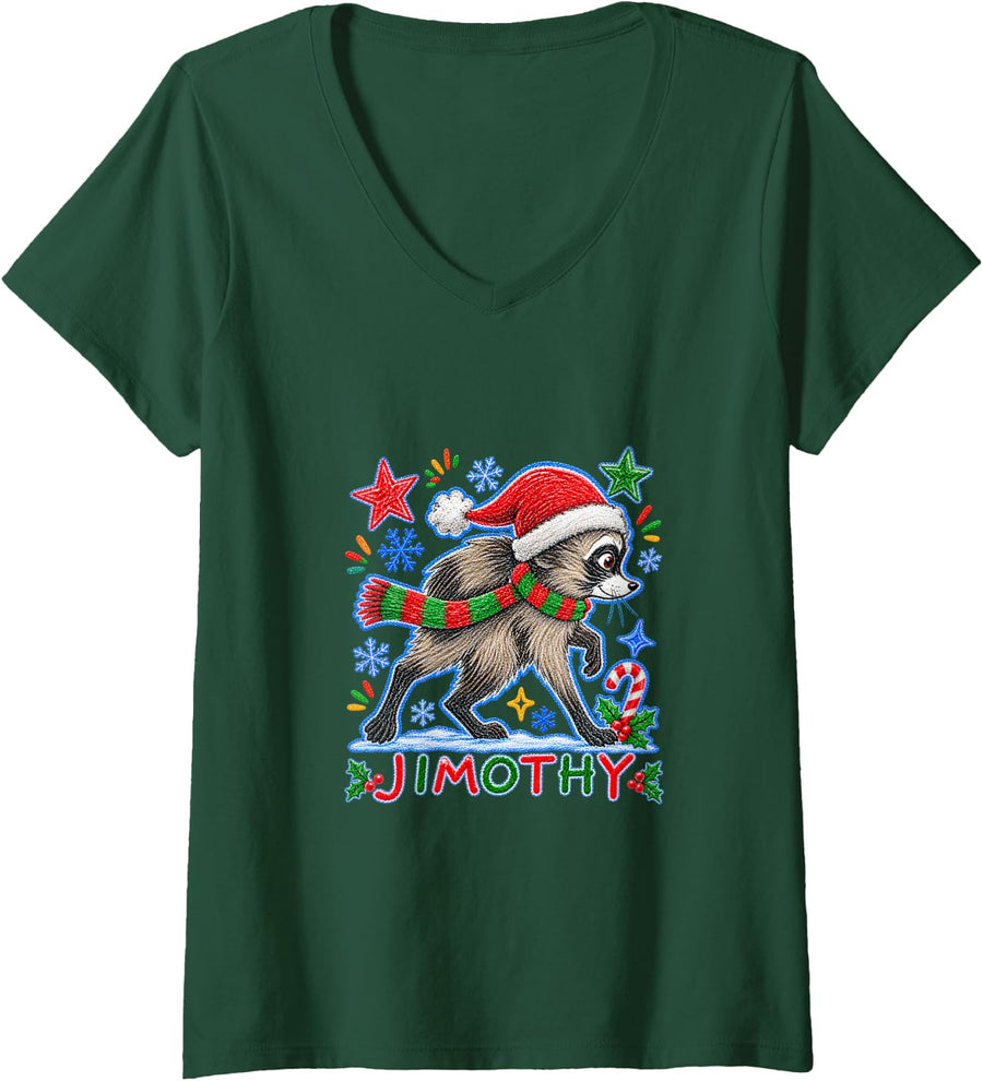 Women's Jimothy Raccoon Cute Santa Holiday Funny Christmas V-Neck T-Shirt - Dark Green