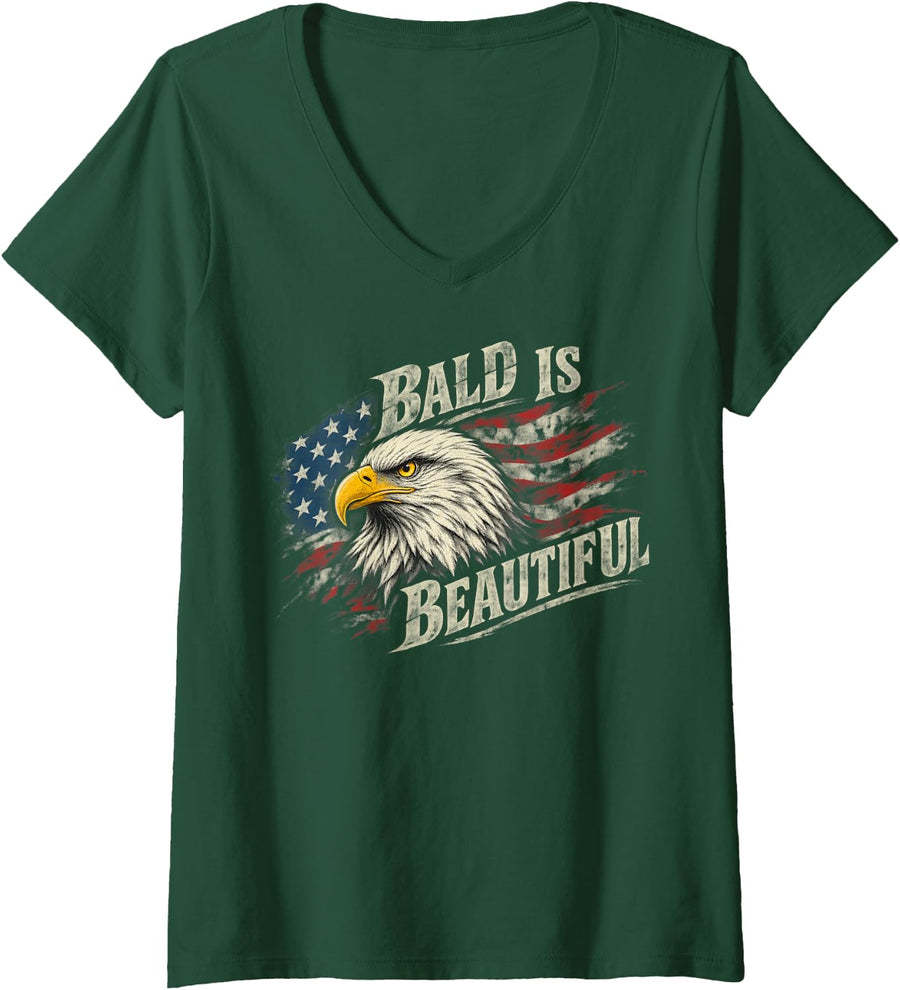 Women's Bald Eagle Head USA Flag Patriotic Retro V-Neck T-Shirt - Dark Green