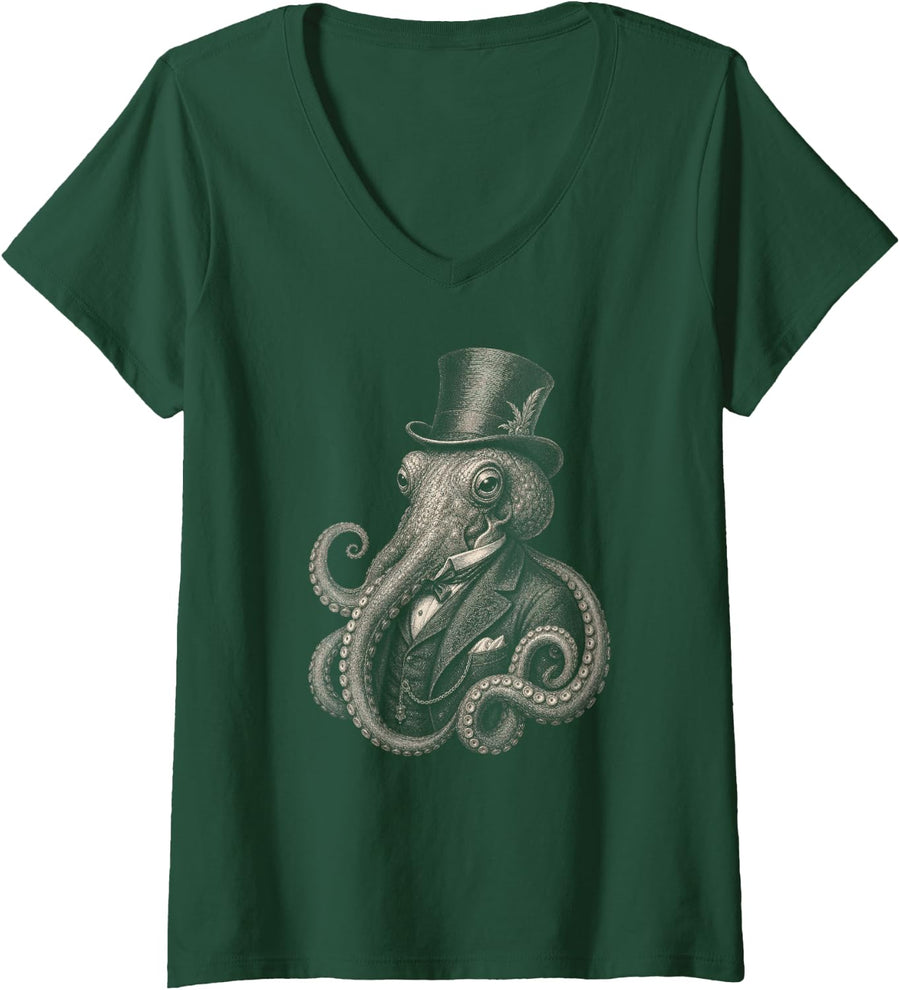 Women's Octopus Kraken Meme Funny V-Neck T-Shirt - Dark Green