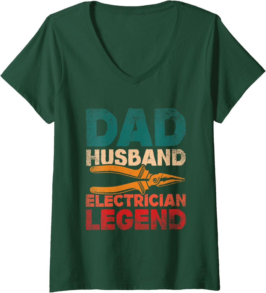 Women's Dad Husband Electrician Electrical Worker Wireman V-Neck T-Shirt - Dark Green