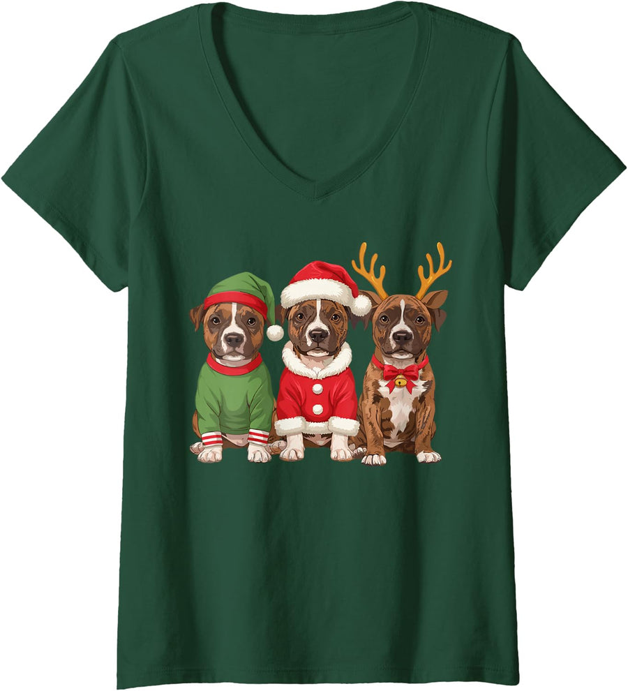 Women's American Staffordshire Terrier Elf Santa Reindeer Puppies V-Neck T-Shirt - Dark Green