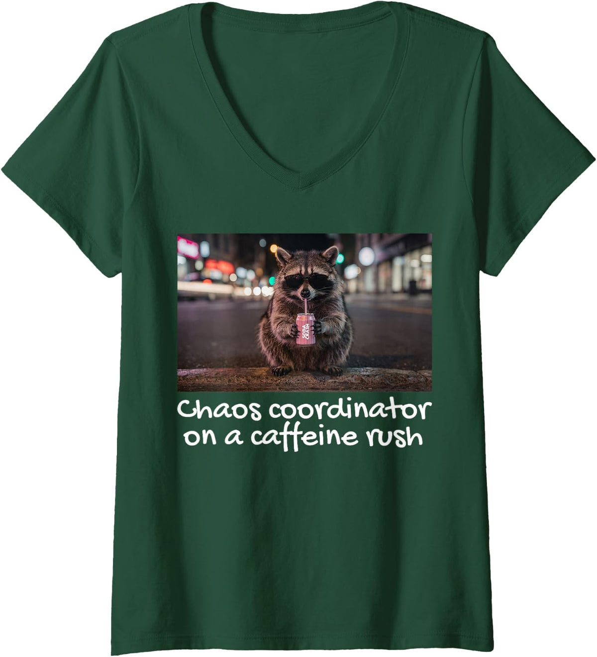 Women's 99% Caffeine 1% Trash Panda Funny Raccoon V-Neck T-Shirt - Dark Green