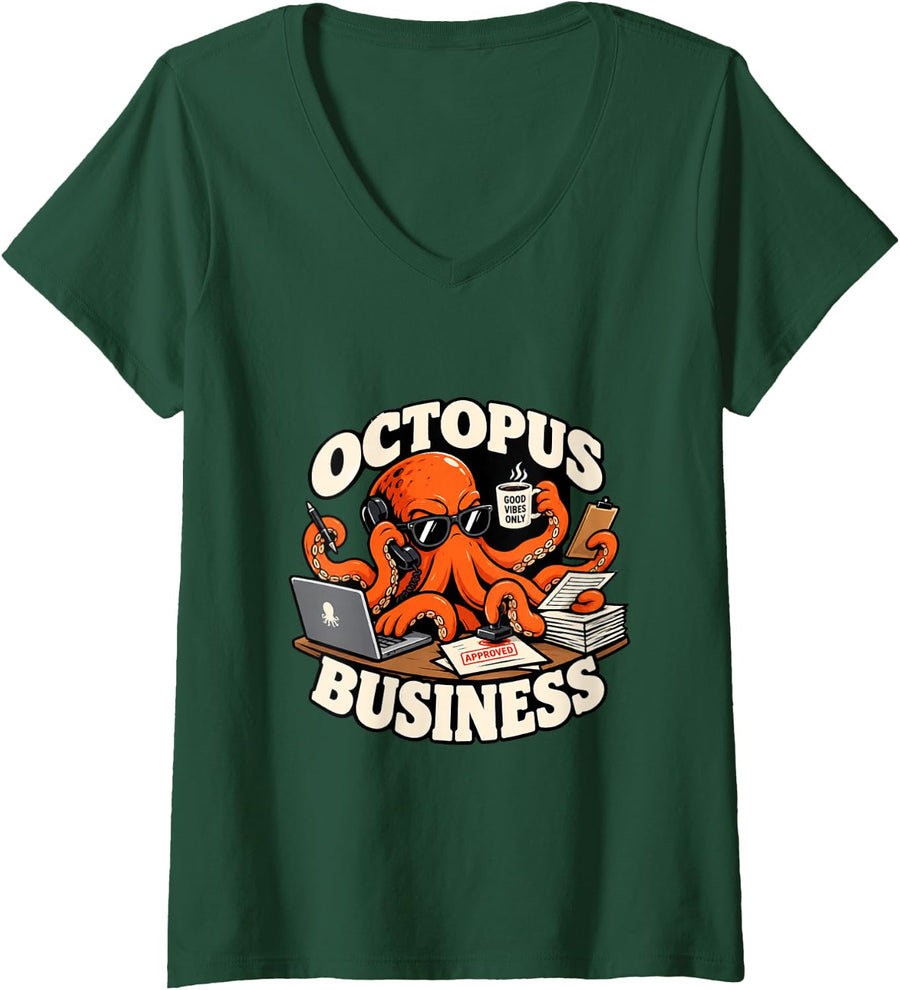 Women's Octopus Business Office Humor Funny Squid Leaving Gift V-Neck T-Shirt - Dark Green