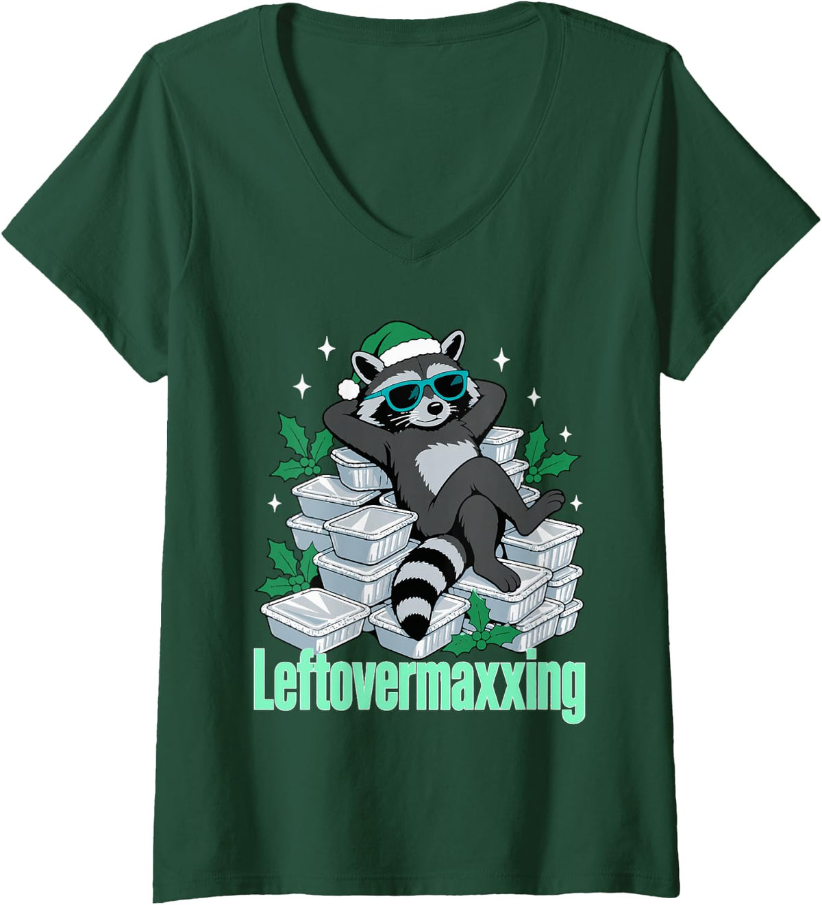 Women's Leftovermaxxing Raccoon Christmas Trash Panda V-Neck T-Shirt - Dark Green